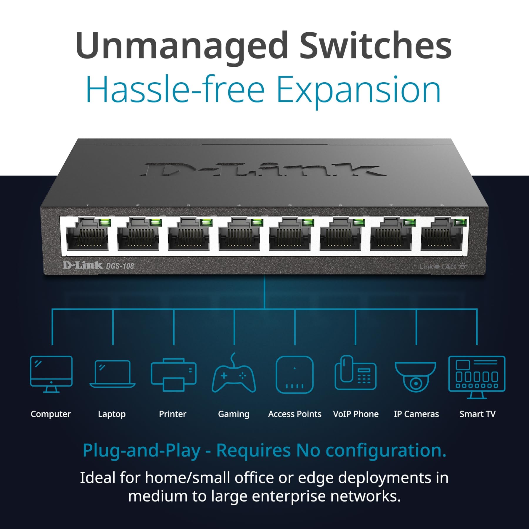 D-Link DGS-108 Conmutador Gigabit Layer2 de 8 puertos, hasta 1000 Mbps de transferencia de datos por puerto, arquitectura sin bloqueo, sin ventilador, carcasa metálica, negro