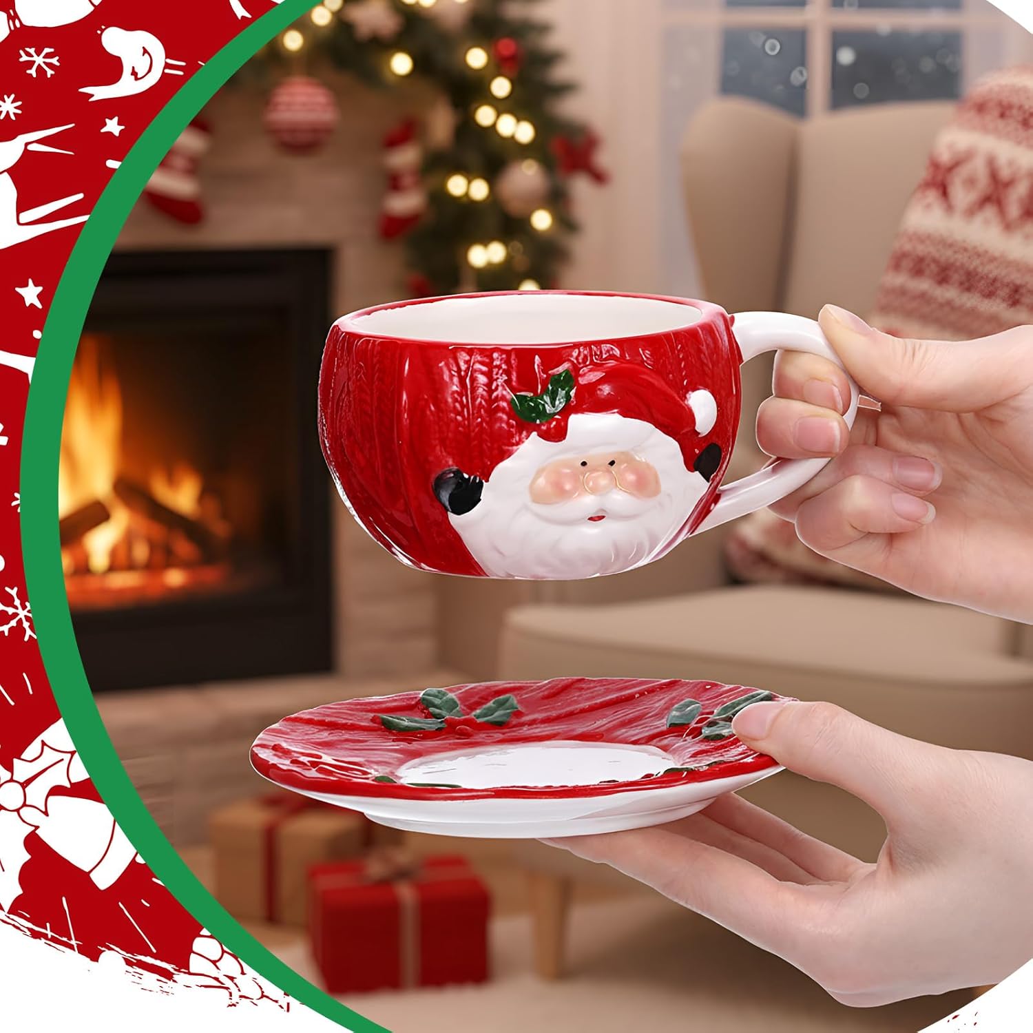 Sieral 6 Sets Christmas Santa Cups and Saucers Ceramic Beverage Drinking Mugs Red Espresso Santa Christmas Coffee Mugs for Cafe Tea Kitchen Holiday Decorations(Ho Style)