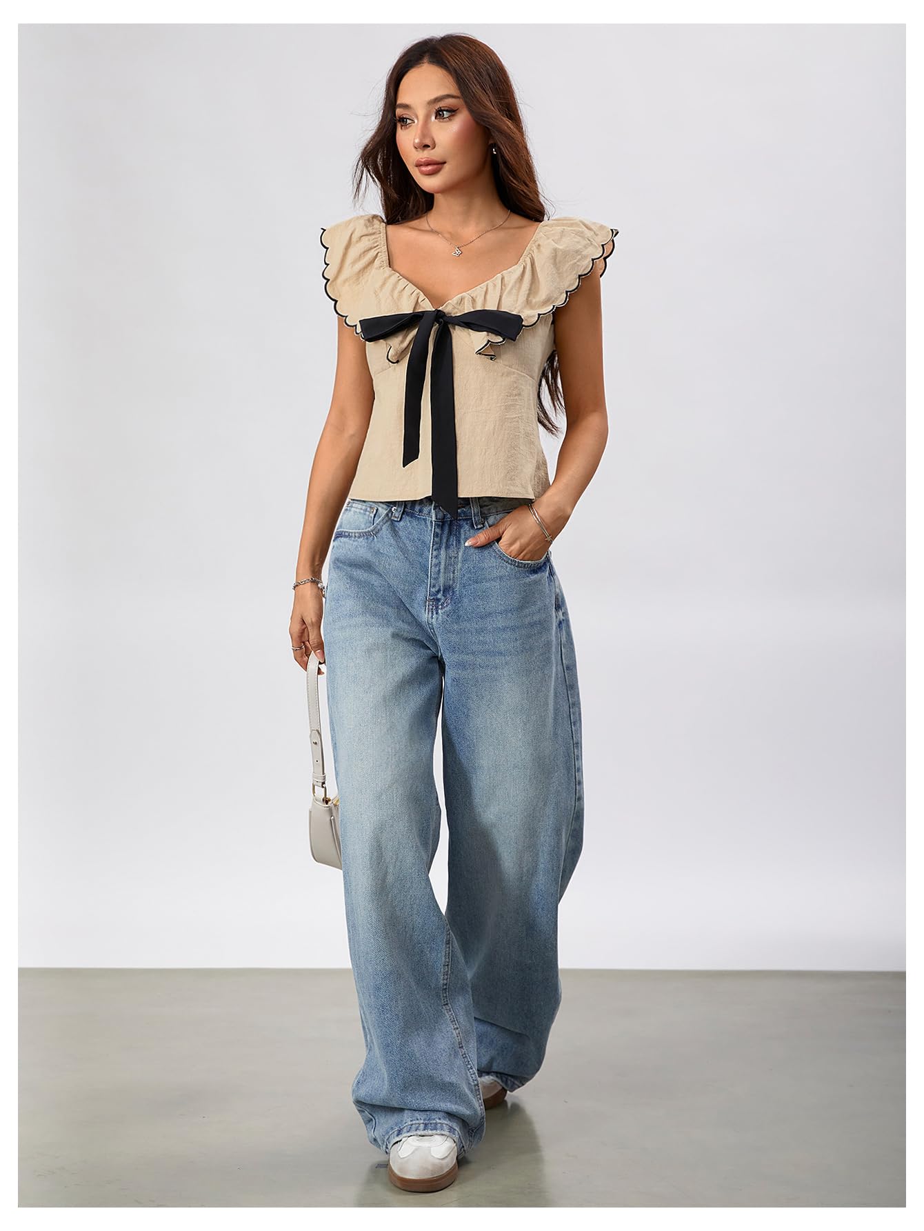 MakeMeChic Women's Bow Tie Front Sweetheart Blouse Ruffle Cap Sleeve Dressy Crop Tops