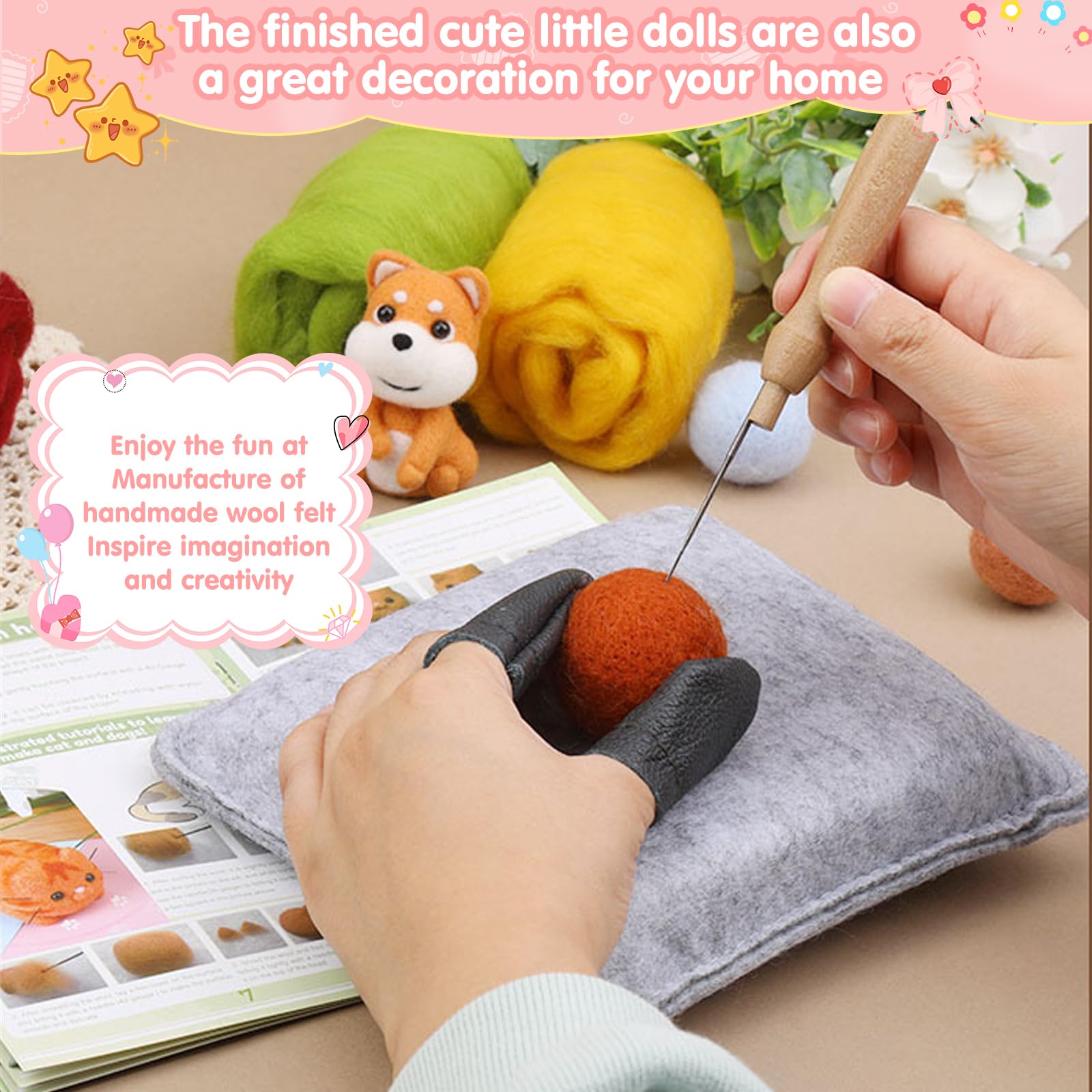 Kuabiz Aguja de Fieltro con Aguja Lana Manualidades, DIY Lana de Fieltro para niños y familias, con lana de fieltro de 120 g, agujas de fieltro, almohadilla de fieltro