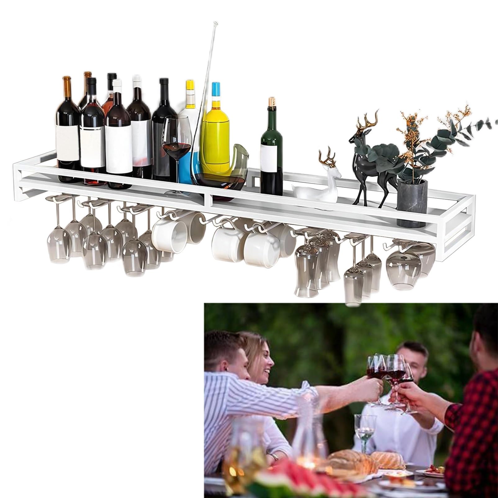 Wandgemonteerd wijnrek Wijnrekken Bar Decor Industrieel huis Wandmontage met wijnglashouder, rooster Wijnfleshouder Metaal ijzer, hangend glaswerkrek Wandplank, voor, Zwart-60Cm