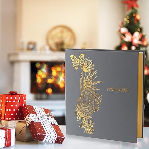 Miniatura 5 de Álbum de fotos autoadhesivas, grandes álbumes de fotos autoadhesivos con cubierta de lino estampado de lámina dorada, capacidad para fotos de 3 x 5,