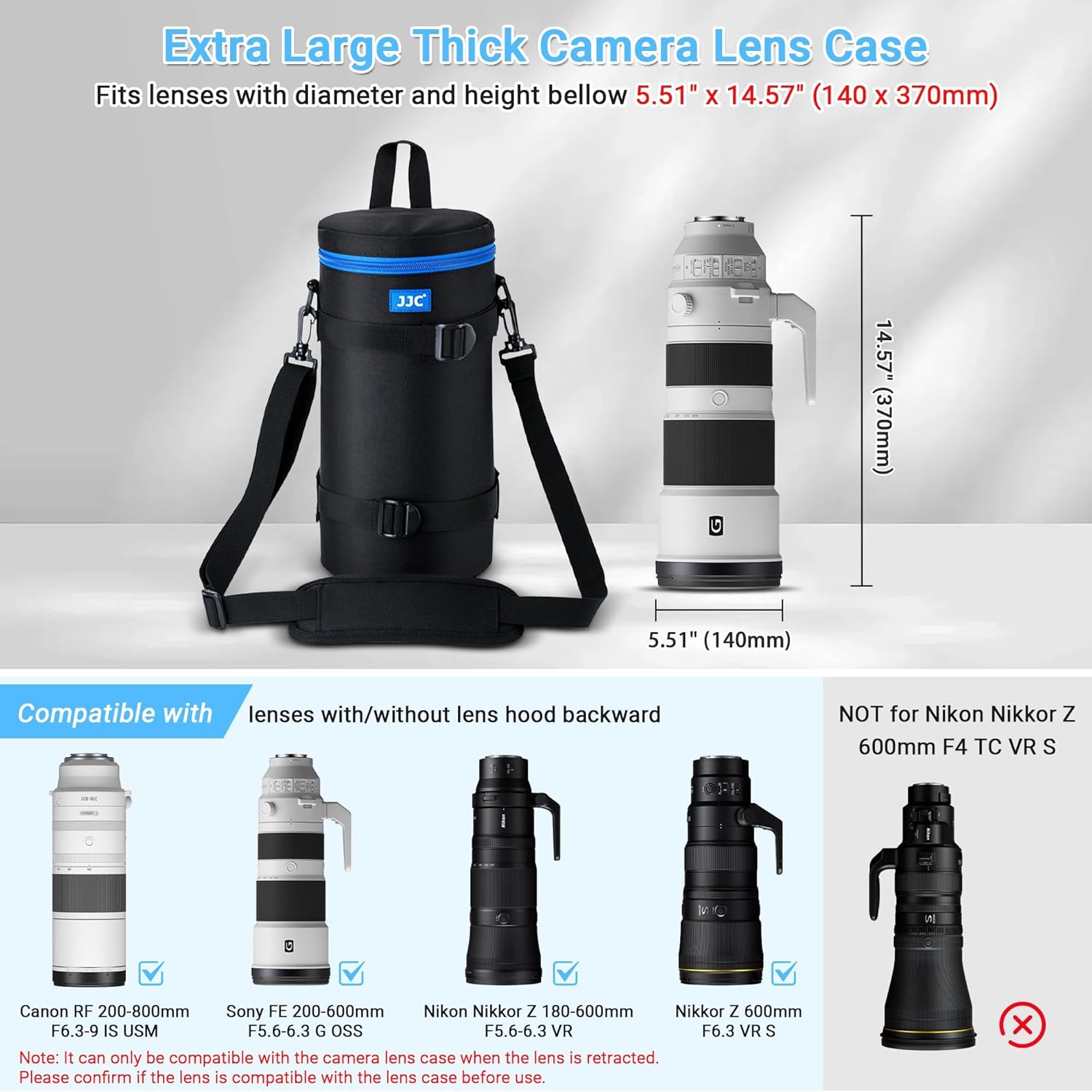 Extra Large Thick Camera Lens Case Bag for Canon RF 200-800mm F6.3-9 IS for Nikon 180-600mm/600mm F6.3 for Sony FE 200-600mm Zoom 400-800mm F6.3-8 G &Teleconverte,Fits Lenses Below 5.5x14.6"(D x L)