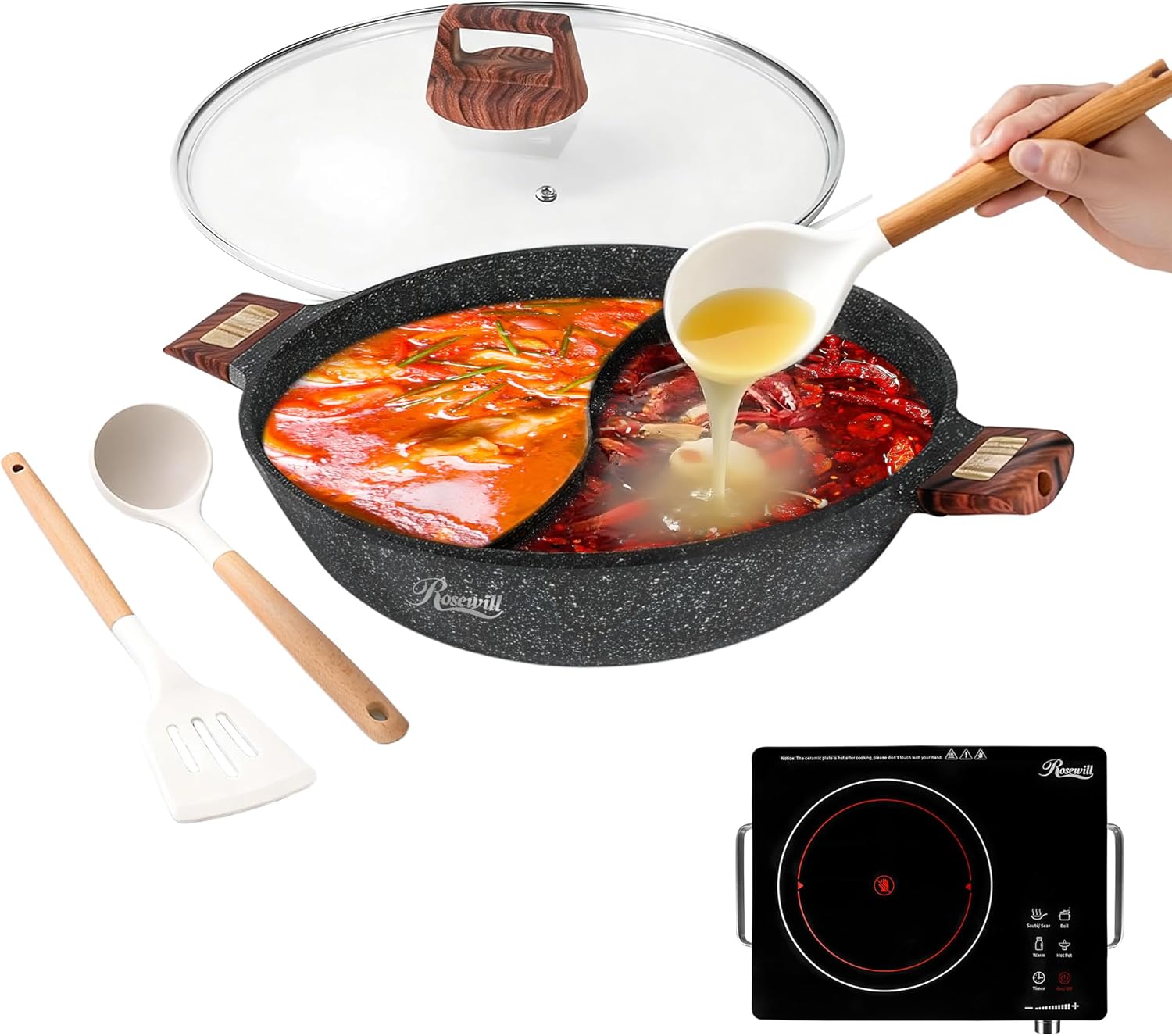 Rosewill 4.2QT Double Flavor Non-Sticking Shabu Shabu Hot Pot with Divider, 13 inch Divided Stockpot for Cooking, Hot Pot for Induction Cooktop & Gas Stove, Electric Burner - Dark Gray