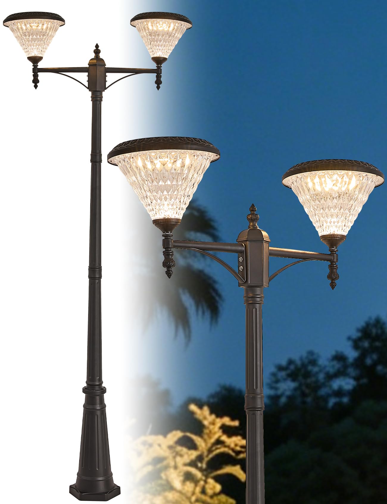 Solar Outdoor Street Post Light 2-Head Pole Lamp 90.5" H Exterior Post Lamp with Dusk to Dawn Sensor 2 Light Outside Pole Mount Light LED Outdoor Column Light for Yard Pillar Light Fixture