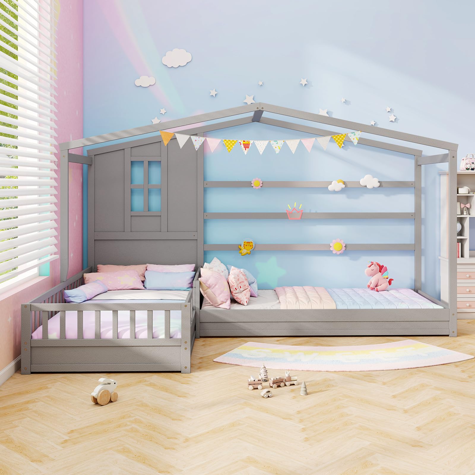 (( incomplete box 1/2)) BECOMFORT L Shaped Twin Beds for 2 Kids, House Wood Montessori Platform Bed Frame w/Window & Roof, Fence & Slat, Corner Kids Double Bed for Dorm Bedroom Boys Girls Teens, No Box Spring Needed (Gray)