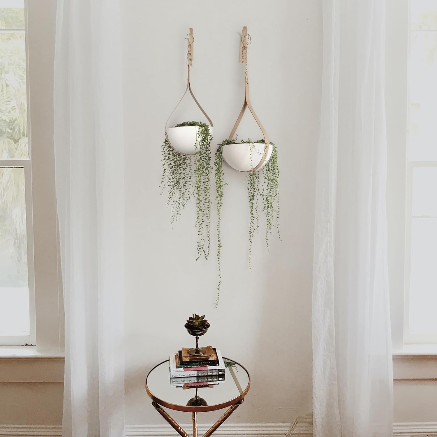 Hajia 2 Pack Waterdrop Shaped Hanging Planter, Beige Metal Plant Hanger with Non-Detachable Pots, Boho Hanging Plant Holder for Wall and Ceiling Decor.(No Plants or Drainage Holes)