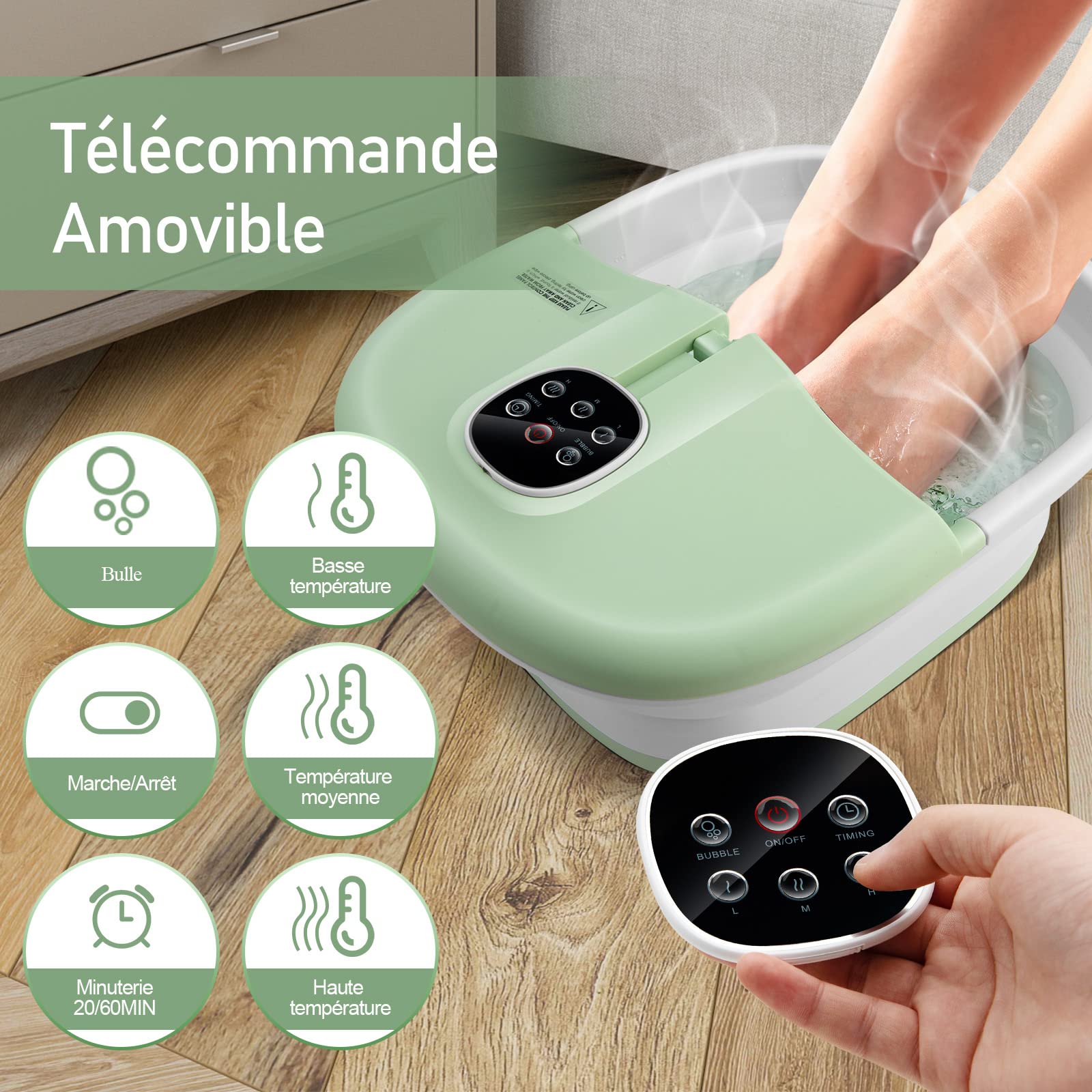 GOPLUS Bain de Pied Massant Chauffant Spa avec 16 Rouleaux Massage, Bain de Pieds Électrique Pliable avec Bulle, Pierre Ponce Shiatsu, Température Réglable 41-45℃, Télécommande, Minuterie (Vert Clair)