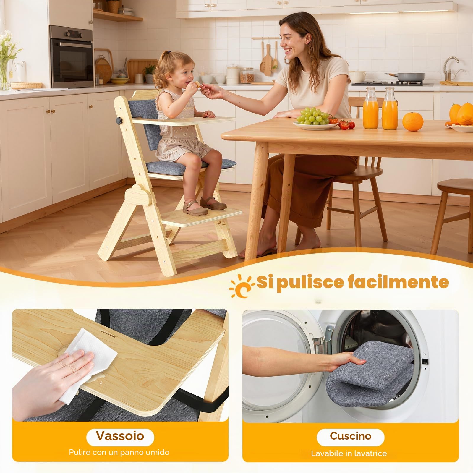 Seggiolone Pappa Legno, 2 in 1 Seggiolone Evolutivo, Sedia Ergonomica con Cintura a 5 Punti e Spartigambe Regolabili, Facile da Pulire, Natural Wood + Cuscino per Bambini 6+ Mesi