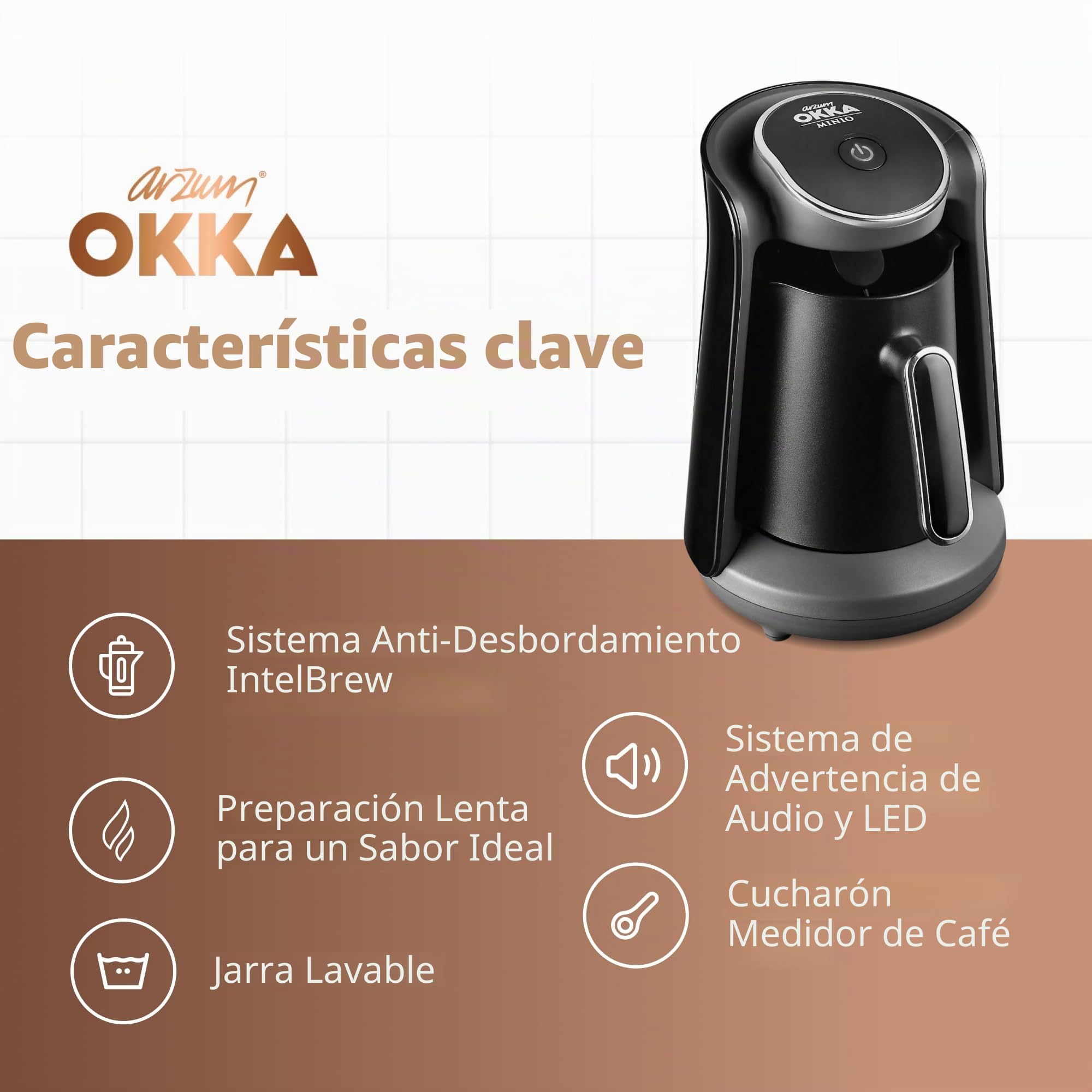 Arzum OKKA Minio - Cafetera de Goteo, 1-4 Tazas (300 ml), Sistema de protección contra desbordamiento, Jarra Lavable, Sistema de Alerta acústica, 480 W, diseño galardonado.