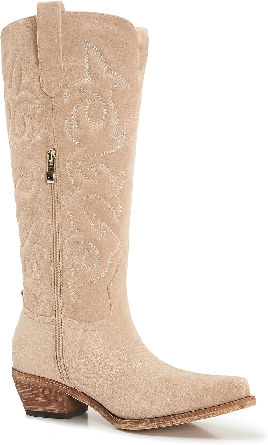 Suede Cowboy Boots for Women Knee High Cowgirl Boots, Western Boots with Classic Embroidered Pointed Toe Chunky Heel Pull On Retro Vintage Classic Tall Boots for Ladies