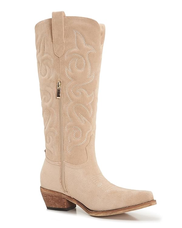 AITTA Suede Cowboy Boots for Women Knee High Cowgirl Boots, Western Boots with Classic Embroidered Pointed Toe Chunky Heel Pull On Retro Vintage Classic Tall Boots for Ladies，Beige，Size 10 by AITTA - Used condition - Image 5