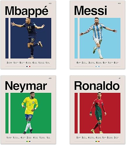 Póster famoso de la superestrella del fútbol Ronaldo, Messi, Neymar y Mbape de 8 x 10 pulgadas, juego de 4 pósteres de fútbol para niños, arte de disponible en Yaxa Guatemala
