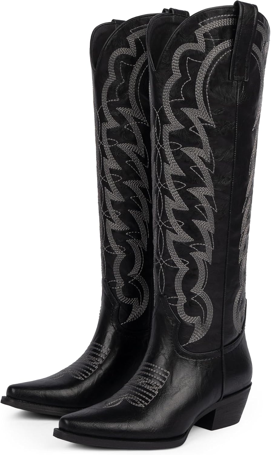 Modatope Cowboy Knee High Boots for Women Pointed Toe Chunky Heel Embroidered Wide Calf Cowgirl Boots Women Pull on Western Boots - Image 5