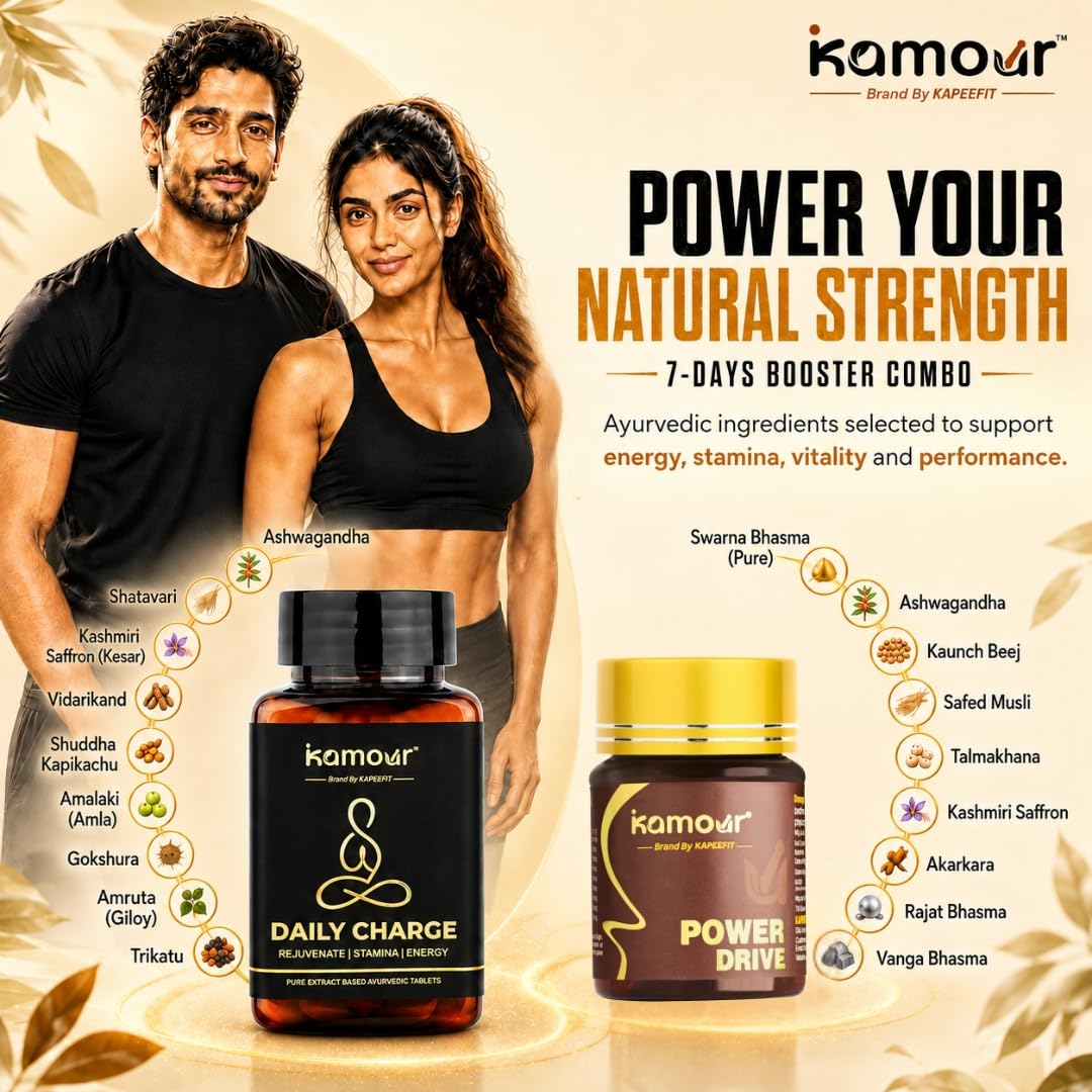 Kamour 7 Days Booster Combo | Ayurvedic Herbal Supplement Kit | Daily Charge Tablets (30) & Power Drive Capsules (7) | Ashwagandha, Safed Musli & Herbal Extracts | Daily Wellness, Energy, Stamina & Vitality Support for Men — Amazon image 3