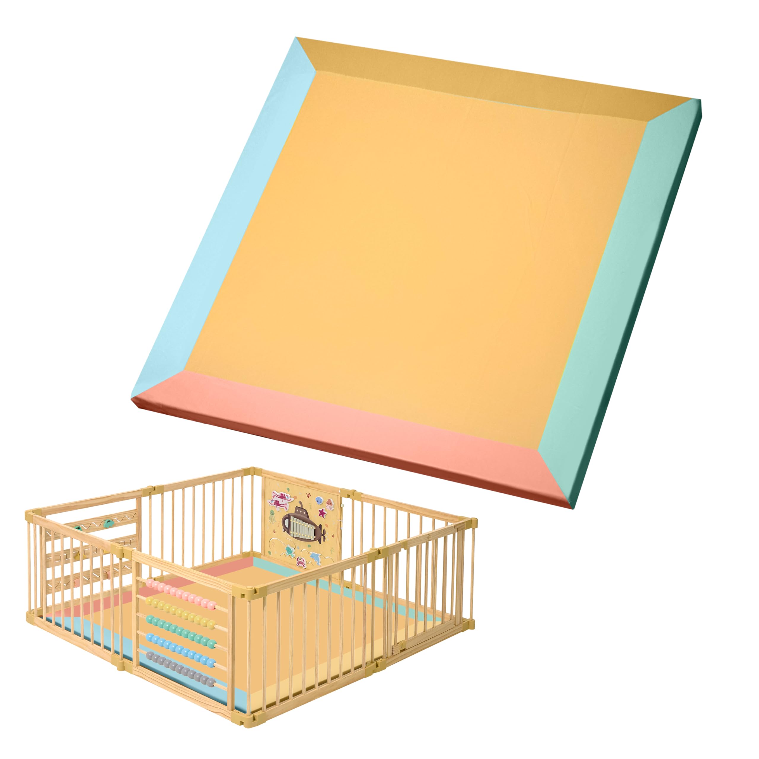 ZETY Baby Play Mat for 8-Panel Playpen – Padded Playpen Floor Mat, Wipeable PU Leather Cover, Soft Foam Core, Under the Sea
