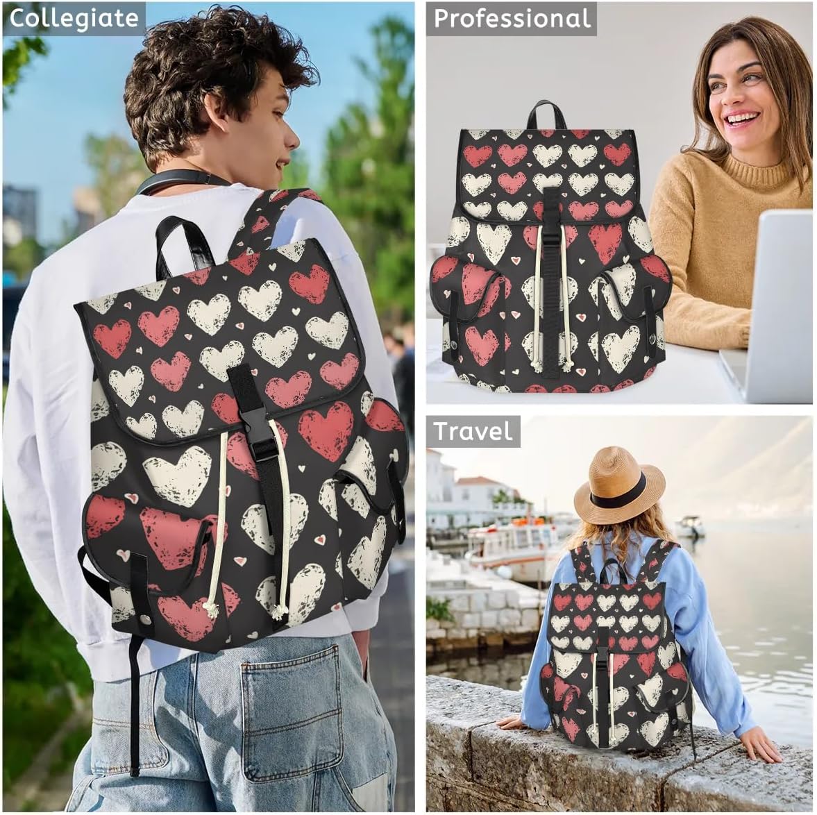 Love Heart Prints Waterproof Laptop Backpack for Men Women Vintage Style Backpack Large Storage Carry on Backpack for Travel & Work Fits 15-inch Notebook