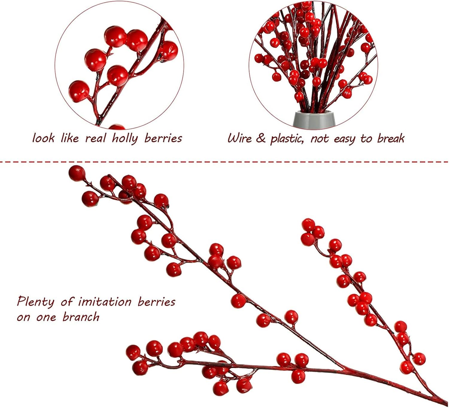 20 Pcs 3 Size Artificial Red Berry Stems Branches, 22" 16" 8" Christmas Fake Burgundy Berry Picks Holly Berries for Christmas Tree Xmas Decorations Home Decor Crafts Holiday DIY