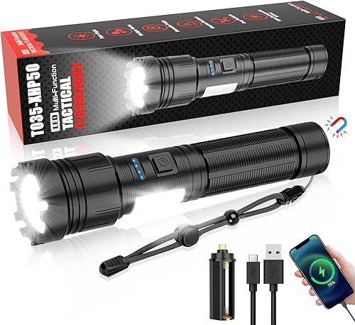 Linterna magnética LED de alto lúmenes recargable, 10000 lúmenes súper brillantes pequeñas linternas tácticas con luz de trabajo COB, tipo C,