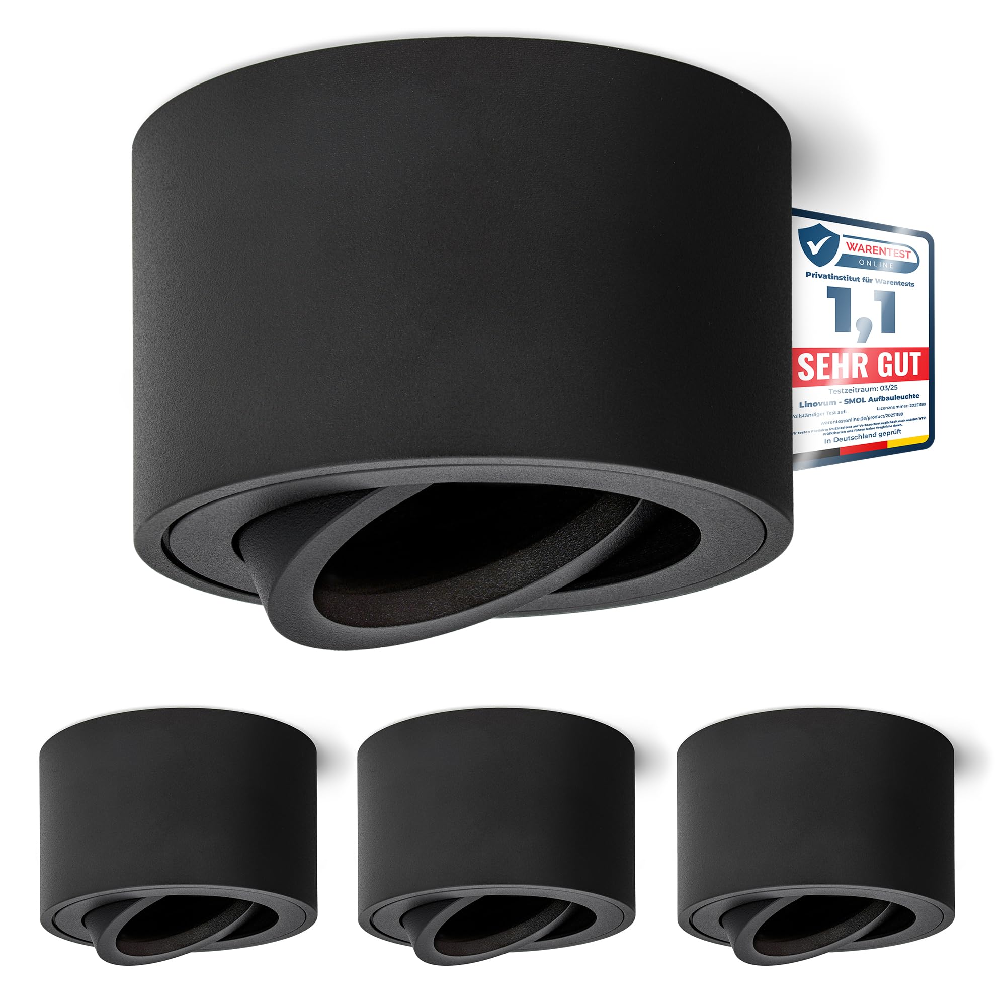 Linovum SMOL - Set di 4 faretti extra piatti, orientabili, colore nero opaco, rotondi, lampade da installazione sopra intonaco, diametro 80 mm, per moduli LED