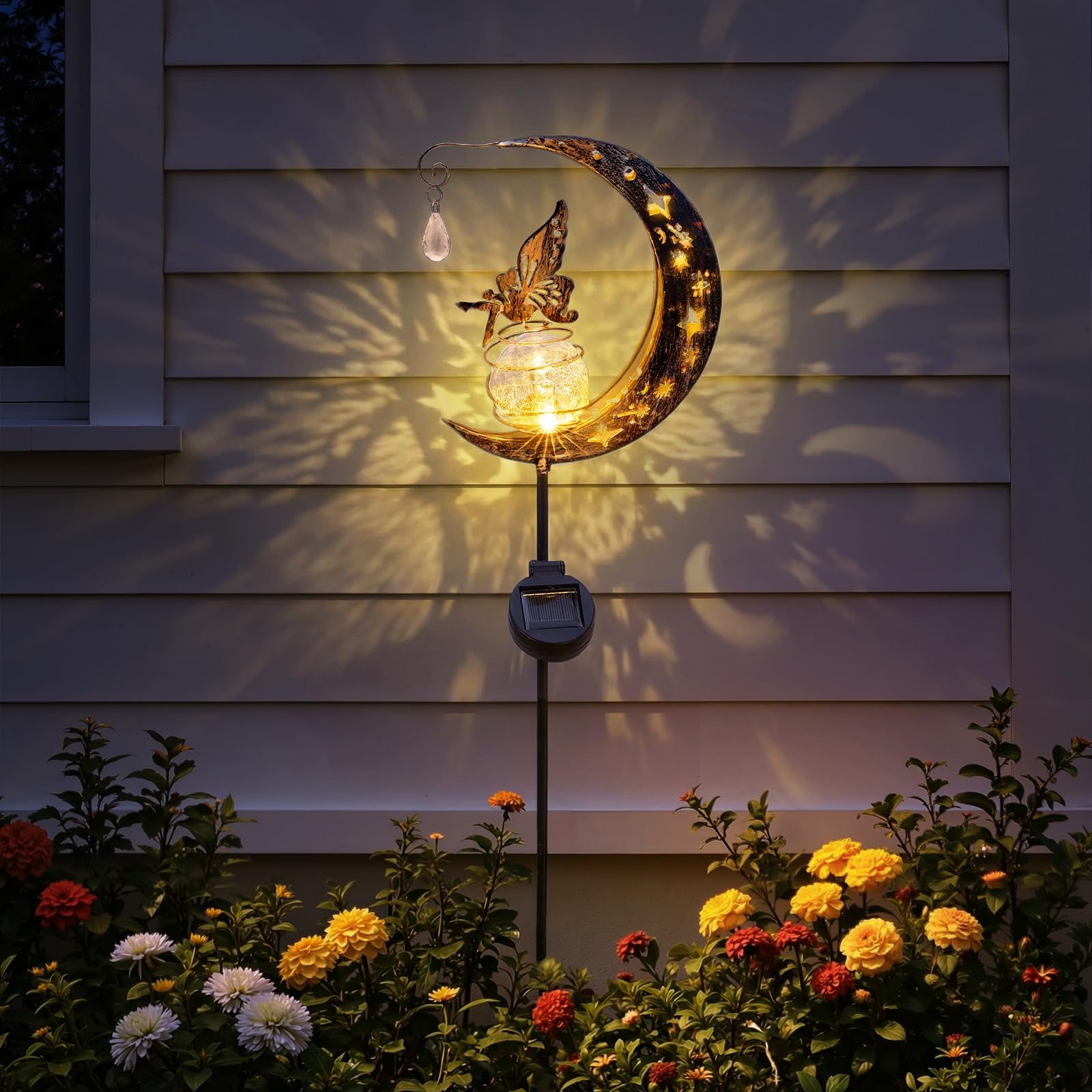 Warmiehomy Garden Solar Lights Outdoor Waterproof Ornaments, Retro Moon Fairy Lights with Water Drop Pendant & Cracked Glass Ball, Dual Mode Warm LED Stake Lights for Patio Lawn Pathway Garden Gifts