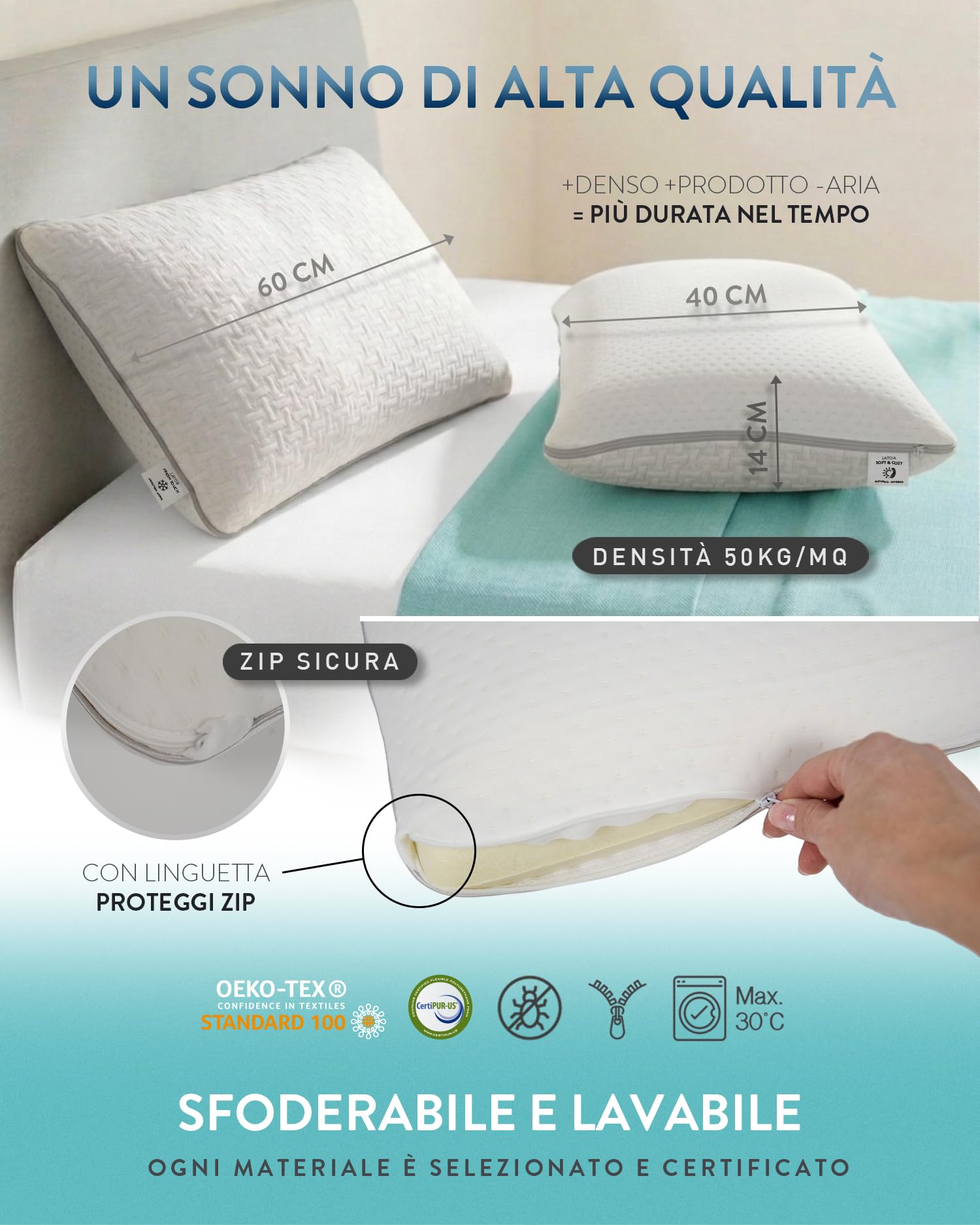 Cuscino Memory Foam 60x40cm, Alta Densità, Altezza 14 cm, Rivestimento Sfoderabile e Lavabile, Super Fresco, Cuscini Letto, Cuscino Alto, Modello BELLAGIO