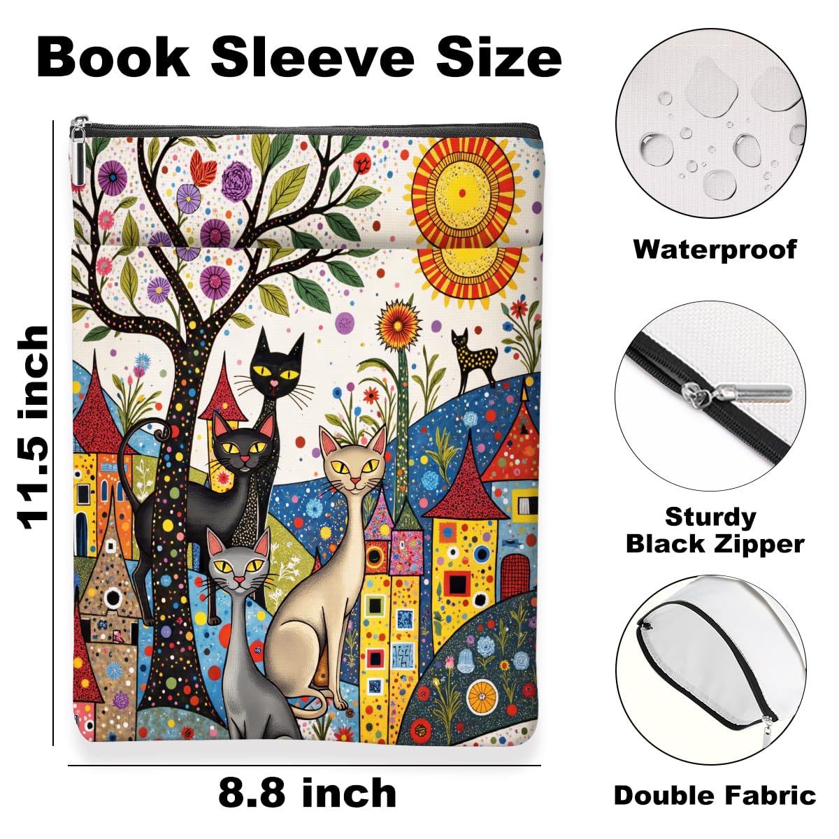 Pop Art Cat Book Sleeve, Book Lovers Gifts Sleeve with Zipper & Front Pocket, 11.5x8.8 Inch Canvas Books Cover Protector Bookish Cat Lover Gifts for Readers Women Friend Birthday Gift — view 2