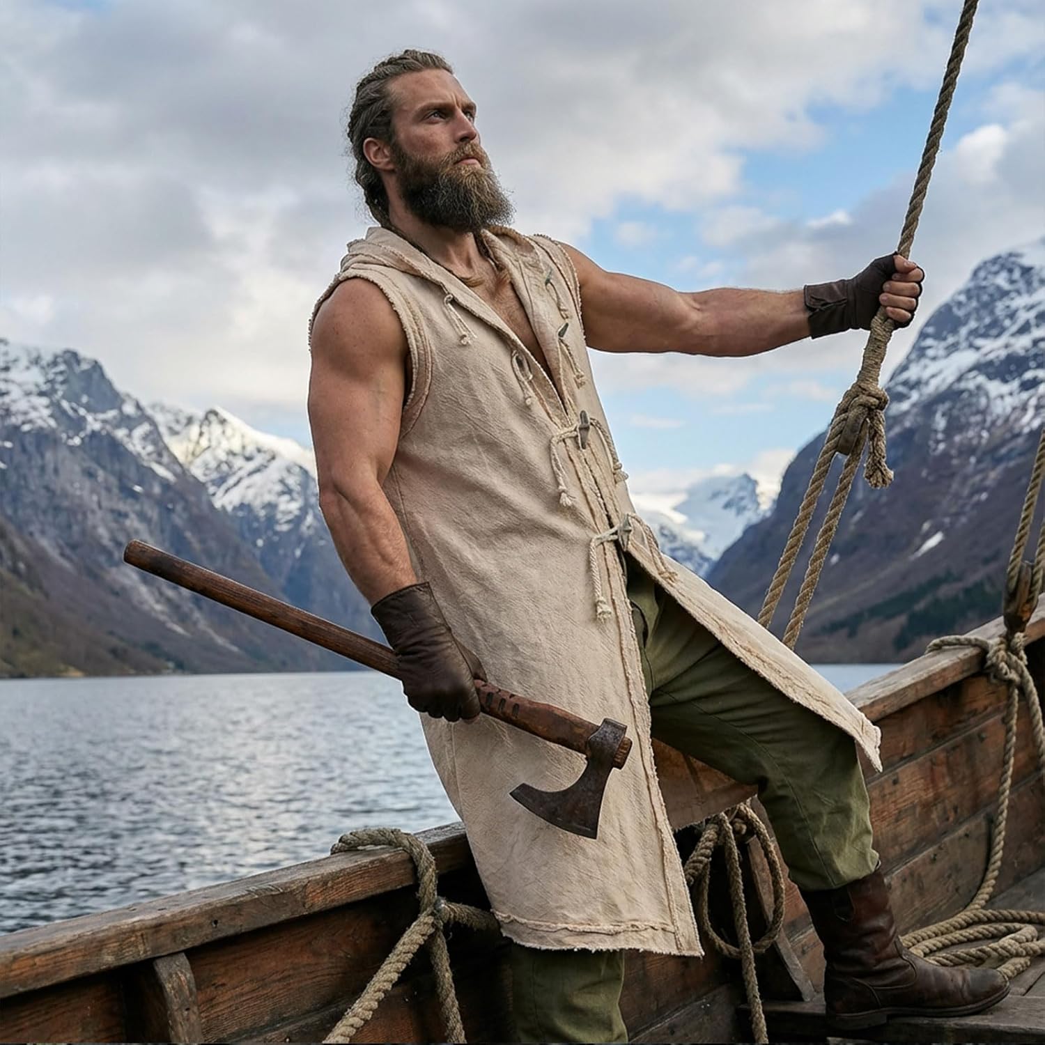 Men’s Medieval Costume Viking Vest Renaissance Sleeveless Tabard Tunic Hooded Cotton Surcoat Wooden Buttons LARP Cosplay