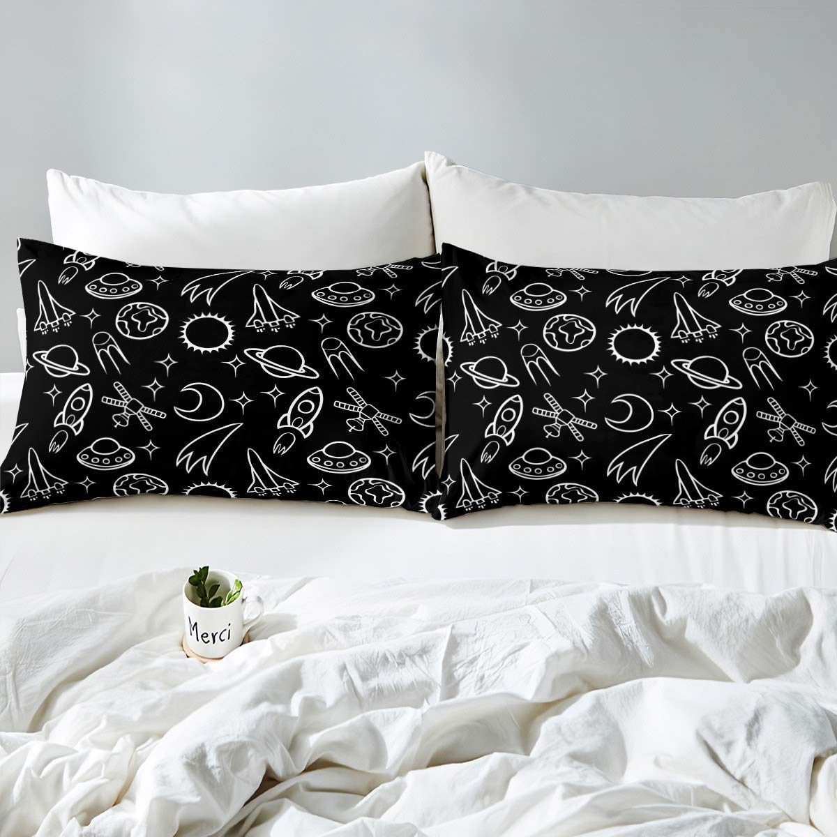 Juego de cama Rocket Space Rocket - Juego de sábanas para niños y niñas con diseño de nave espacial, funda de cama para cama de aventura en el espacio exterior, color negro, blanco y negro