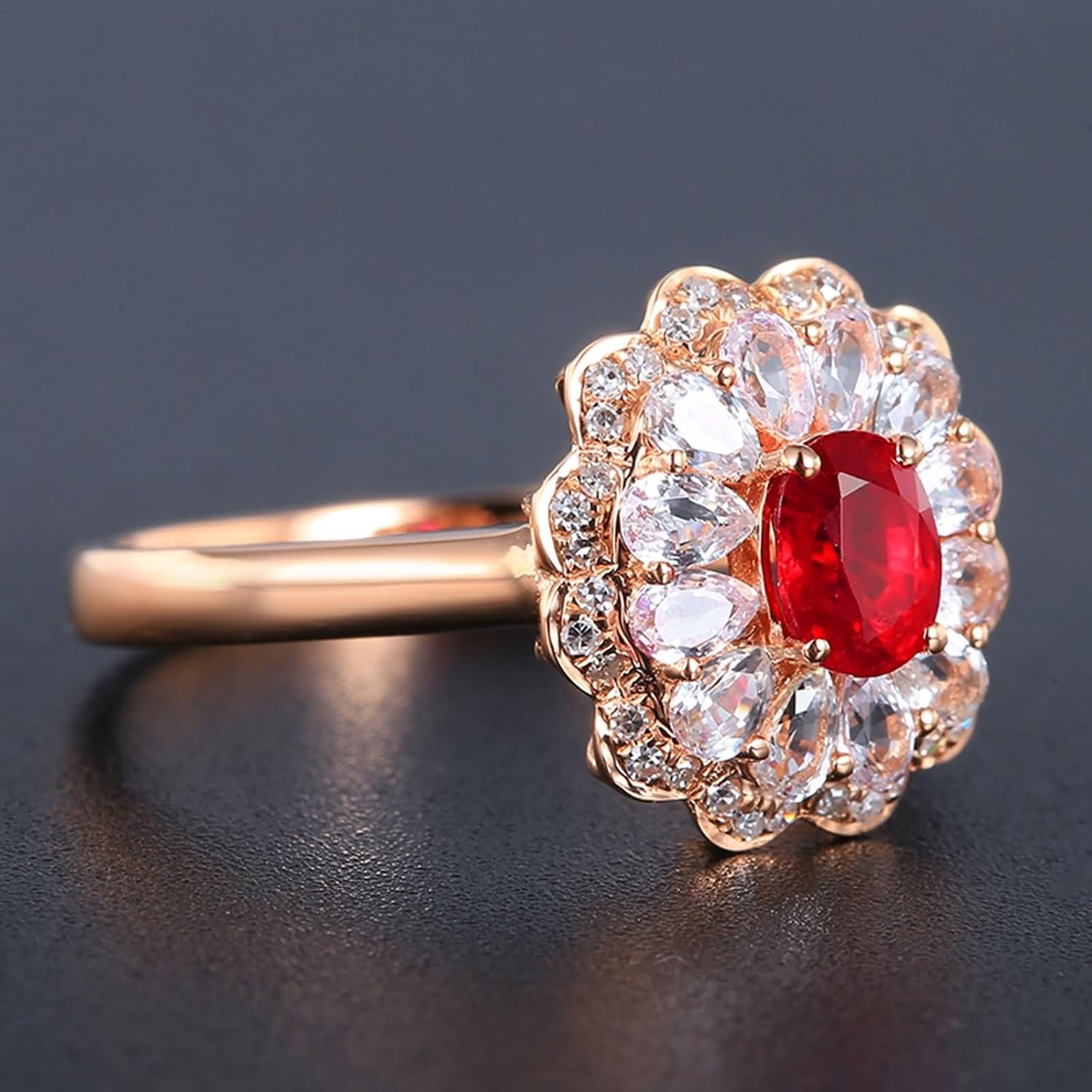 Anniversary Ring for Women Rose Gold 9ct / 14ct / 18ct, Flower and Oval with 0.63ct Created Ruby and Moissanite, Ring Rose Gold Wedding
