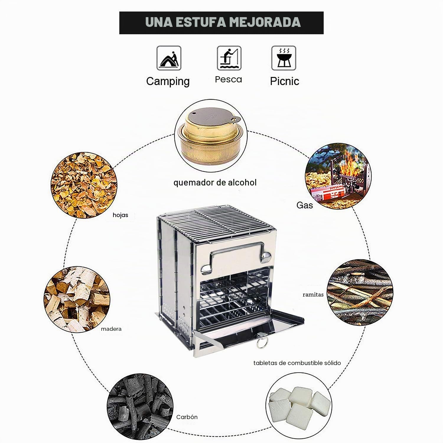REDCAMP Estufa de leña grande, acero inoxidable, compacta y portátil, plegable, ideal para mochileros, senderismo, viajes, cocina al aire libre y picnic