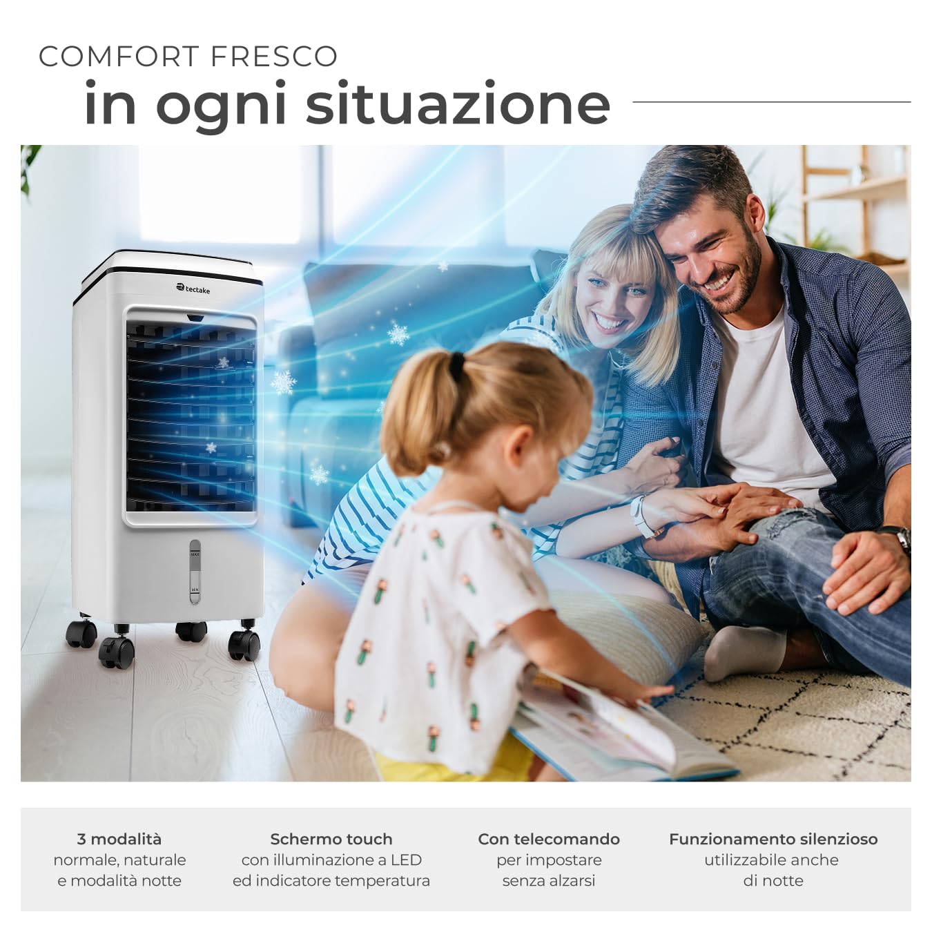 tectake® Condizionatore Portatile, Umidificatore Ambiente, Ventilatore, Raffrescatore d'Aria, Serbatoio Acqua con Indicatore, Pannello di Controllo Touch, Tre Livelli di Velocità - Bianco