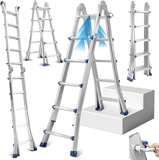 Fiqops Mehrzweckleiter 513cm 4x5 Sprossen Teleskopleiter 3 in 1 Aluleiter Multifunktionsleiter Klappleiter Max Belastung 150 KG, Schiebeleiter beidseitige Steh und Treppenleiter