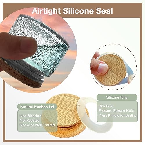 Miniatura 4 de Mini tarros de vidrio azules con tapas de bambú reutilizables, paquete de 24 unidades de 4 onzas en relieve, decoración del hogar, almacenamiento de