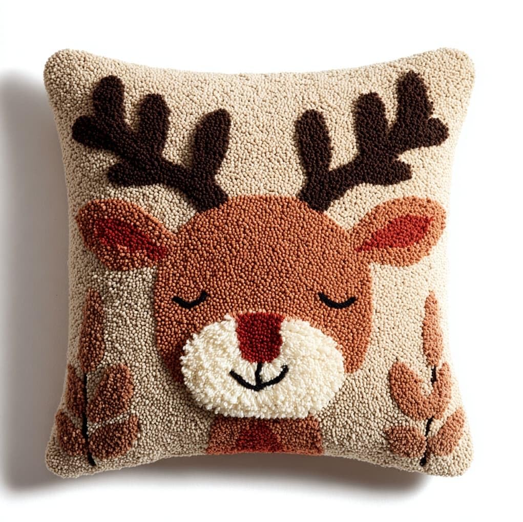WallustrioaW Latch Hook Pillow Kits,Cartoon Deer,DIY Craft Kit for Adults Latch Hook Pillow Case Includes Canvas,Yarn,Instructions,17x17in