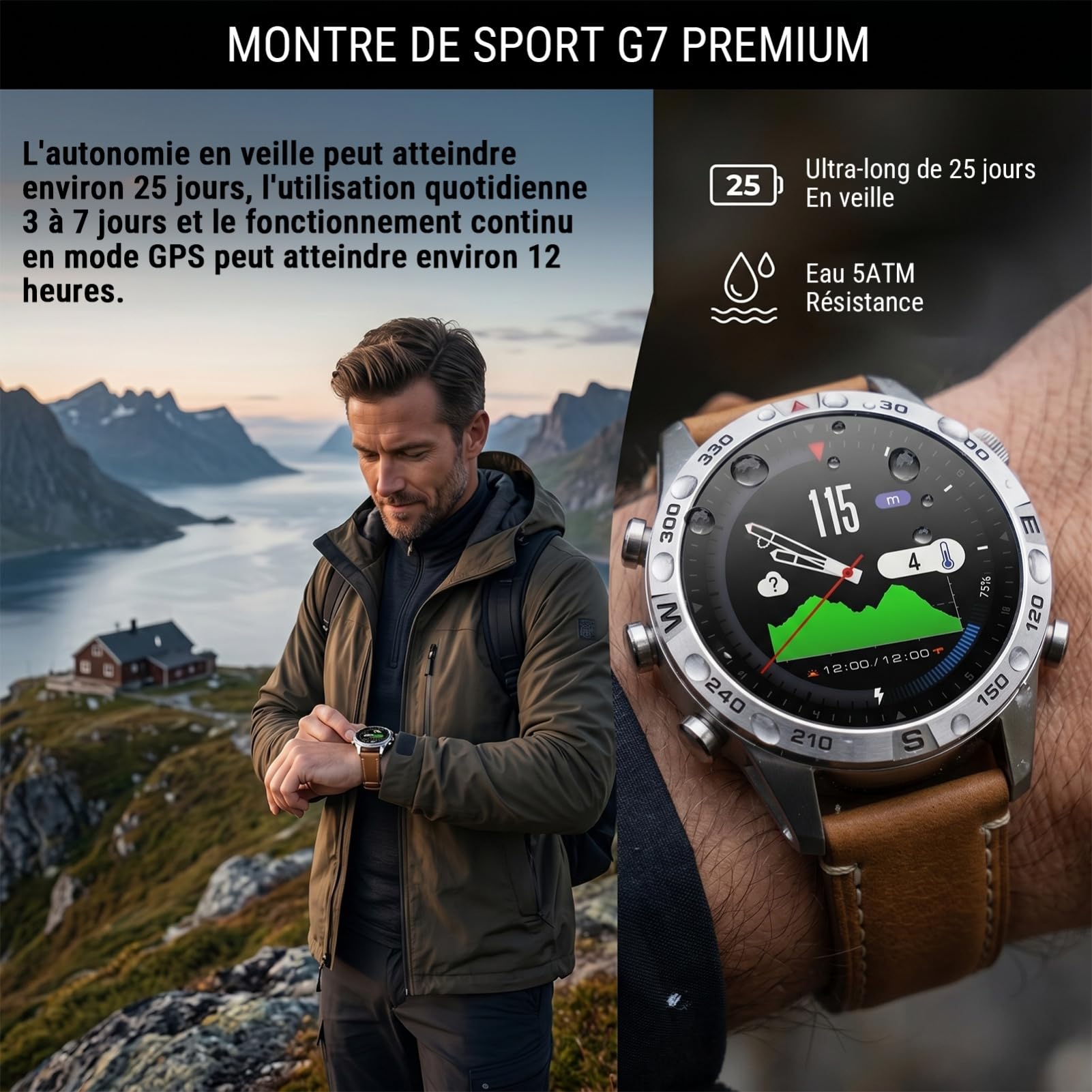 GPS Montre Connectée Homme, AMOLED Écran Tactile 1,43 Pouces Montre Sport G7, Appels Bluetooth, Cartes Hors Ligne, 100+ Modes Sportifs, Boussole, Étanche 5 ATM pour iOS/Android (Cuir Marron)