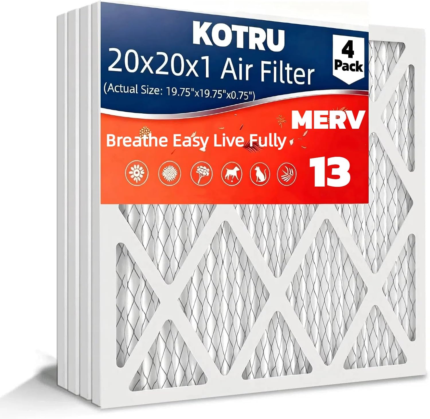 20x20x1 Air Filter MERV 13?MPR 1900 (4-Pack) Electrostatic Pleated HVAC AC Furnace Filters, Effectively Filters Dust, Pollen, Pet Dander (Actual Size: 19.5x19.5x0.75 inches) 20x20x1 (4-Pack)