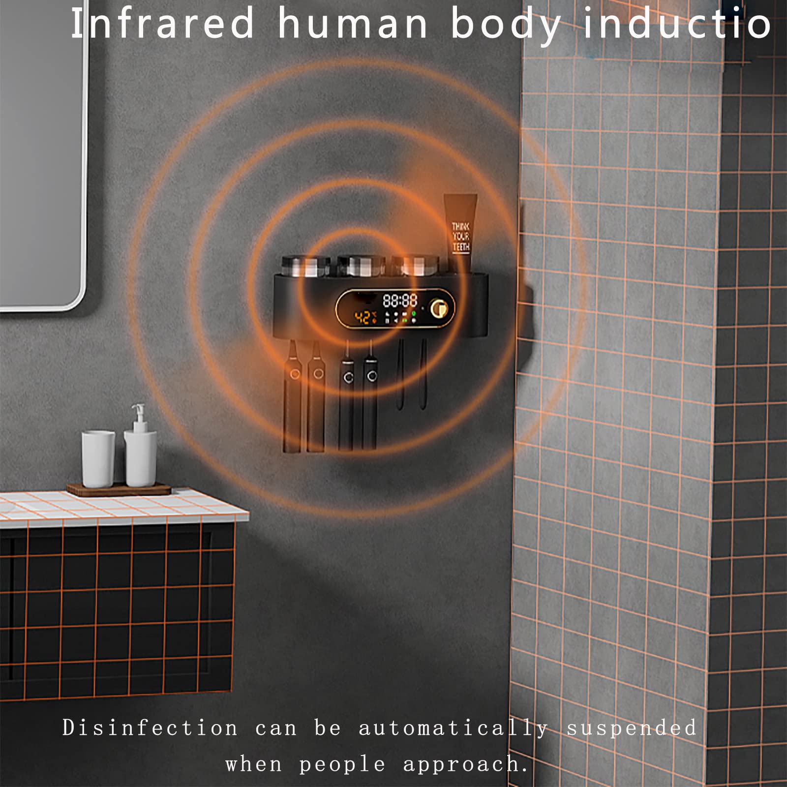 Porta Spazzolino Elettrico, Porta Spazzolino Parete, Bluetooth Porta Spazzolini Bagno con LED, Sterilizzatore per Funzione di Asciugatura Multifunzione Ricaricabile USB Nero