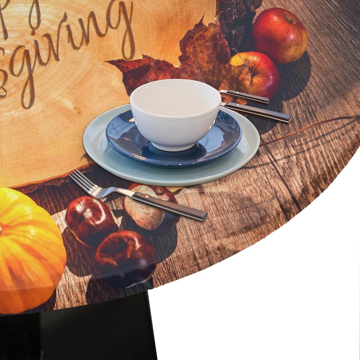 Thanksgiving Pumpkin Round Fitted Tablecloth with Elastic Fall Autumn CircleTable Cover Wipeable Round Outdoor Table Cloths for Kitchen Patio Parties Dining Holidays Decor (Fit for 45"-50" Tables)