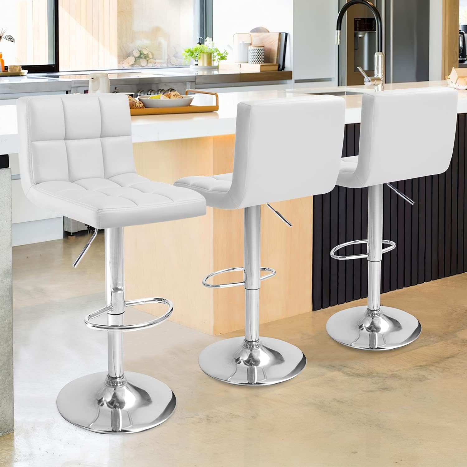 Kemon Bar Stools Modern Square Counter Height Barstool 22" to 33" PU Leather Swivel Adjustable Stool with Back Set of 2 for Kitchen Dining (Grey) : Everything Else