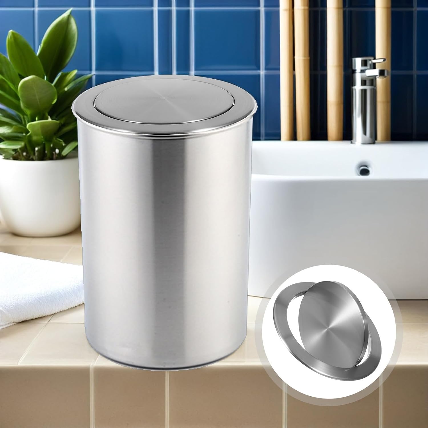 Stainless Steel Embedded Trash Can Lid with Built-in Swing Flap Cover for Countertop Recessed Wastebasket Replacement Lid Multipurpose Application for Office and Workspace