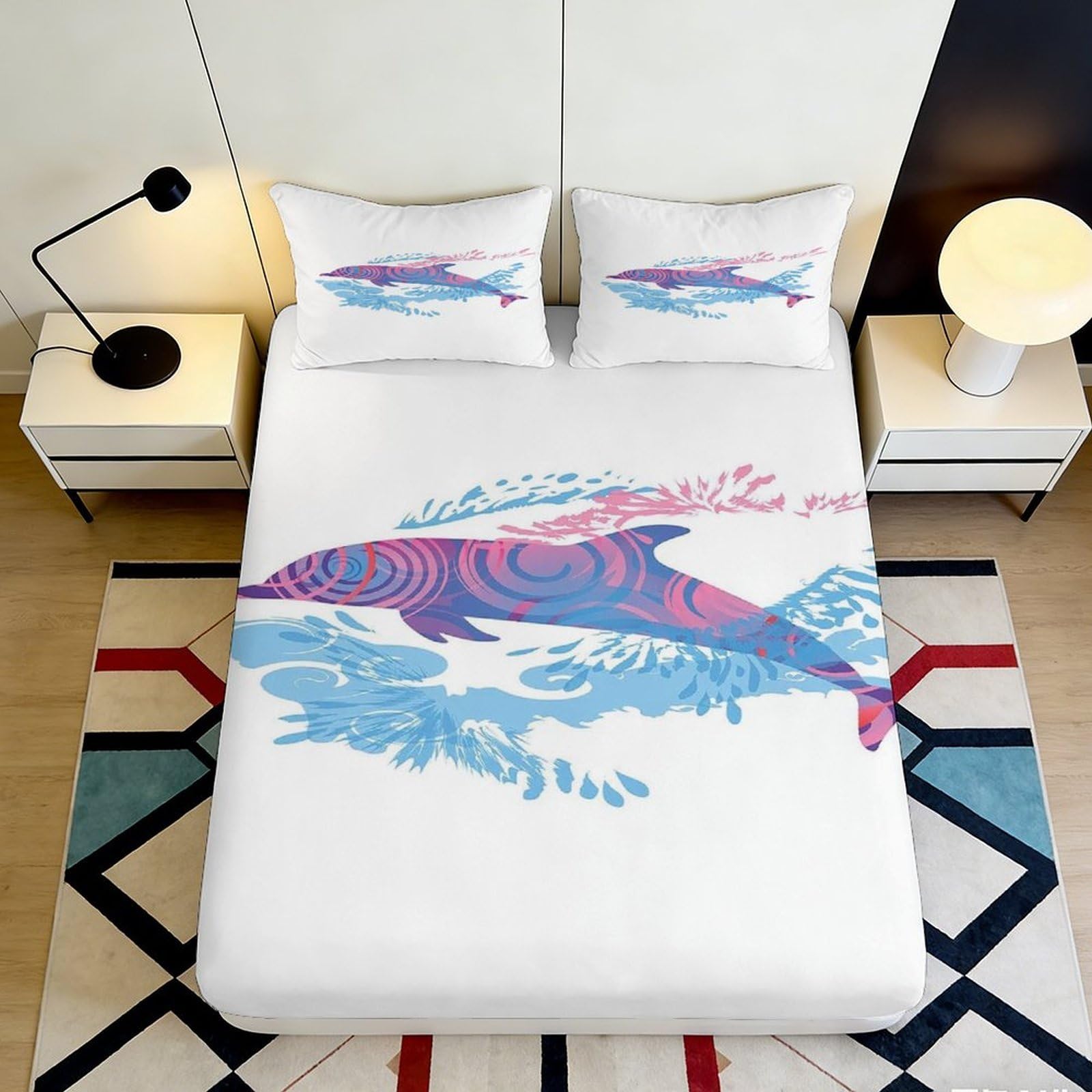 3D Printed Dolphin Pattern Fitted Sheet Microfiber Soft Breathable Fish Mattress Cover for Bedroom Dormitory Guest Room Protection and Decor 140x200x25cm