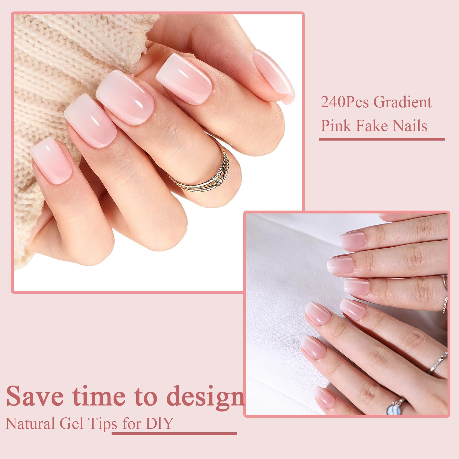 240Pcs False Nails Kit, 240Pcs Natural Gradient Nude Pink Fake Nails, Acrylic Square Fake Nails Pink Tips - Image 3