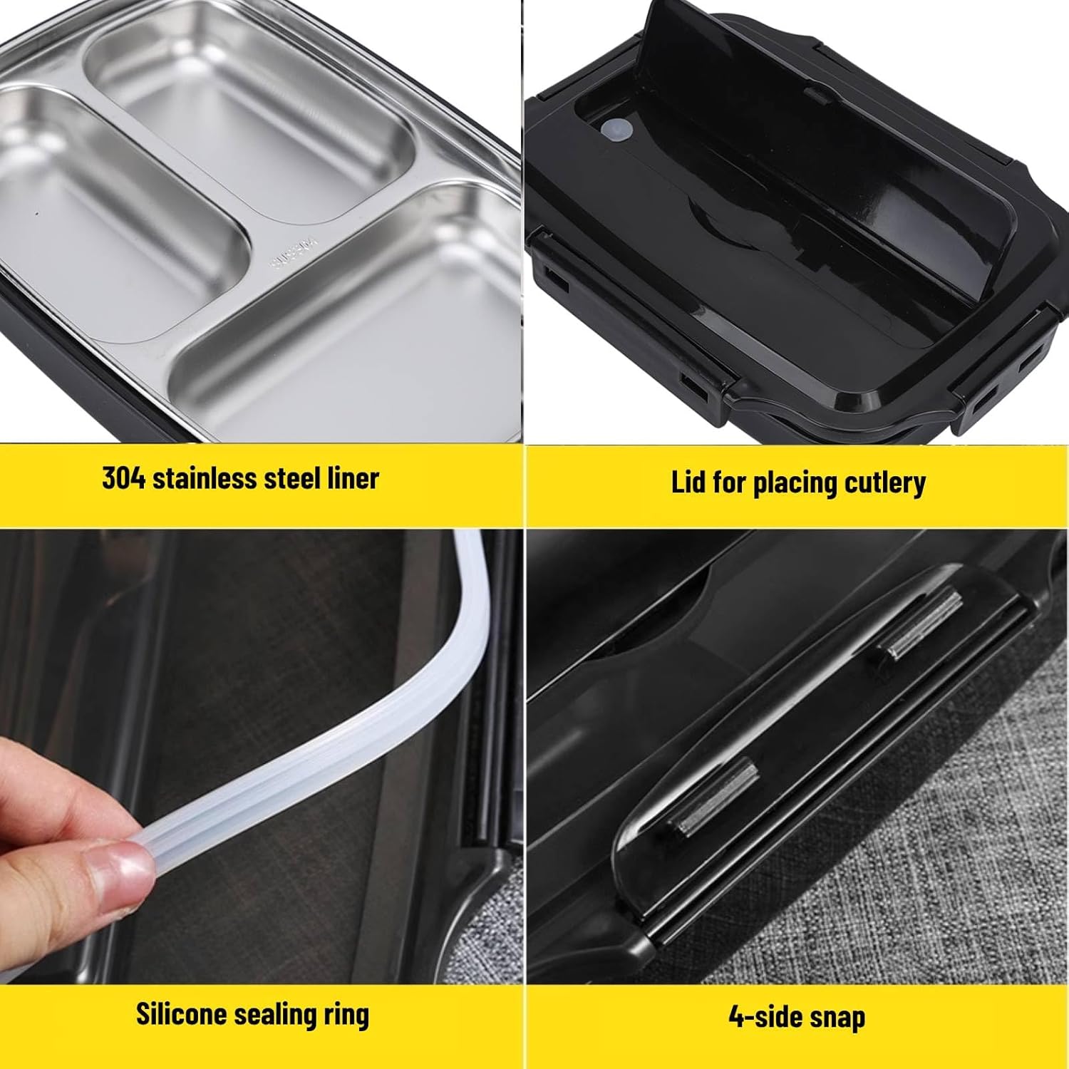 Black Divided Lunch Box 304 Stainless Steel Lunch Bento 3 Compartment Food Container with Sealed Lid for Outdoor Office Canteen