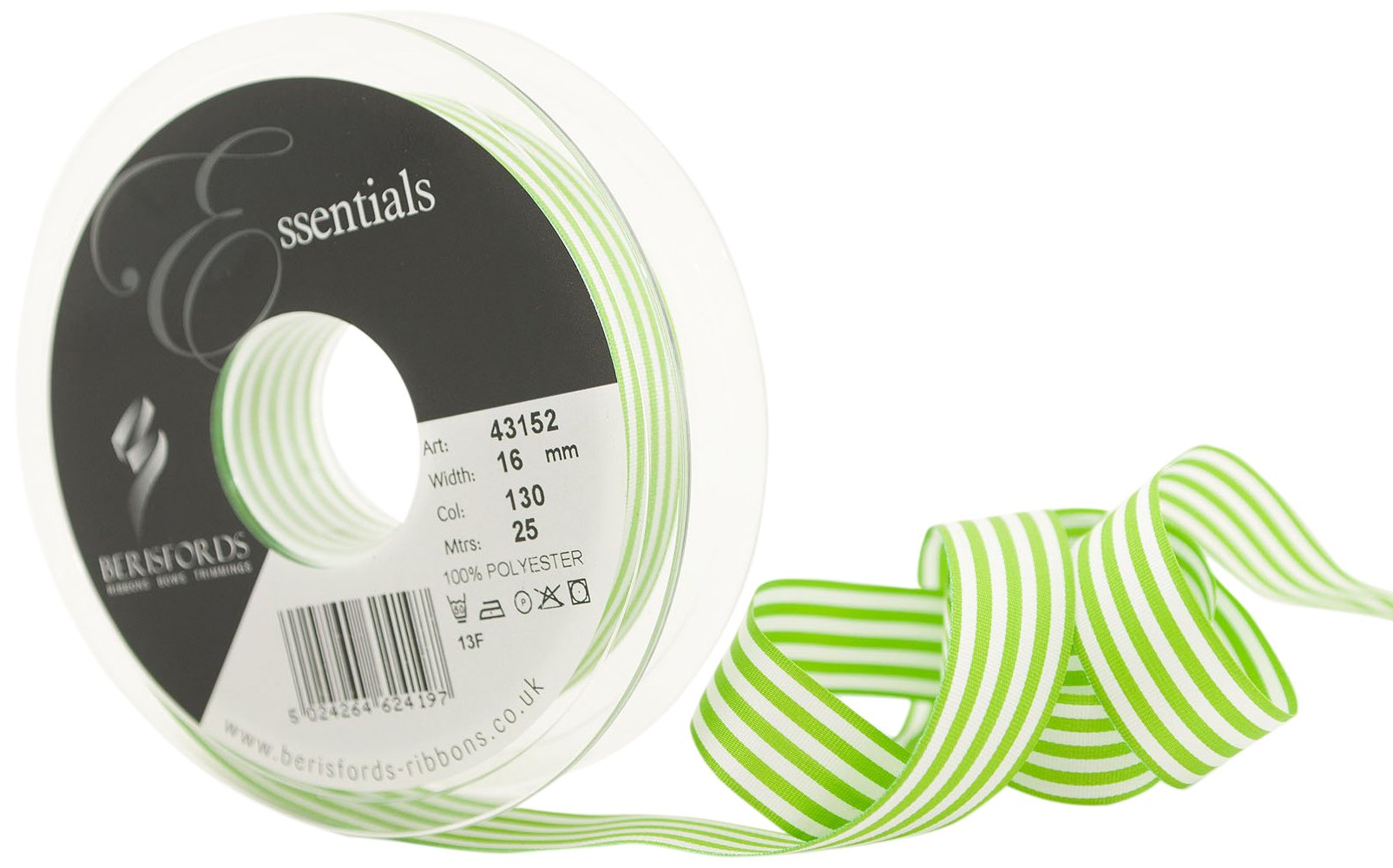 Berisfords 43152 25 m x 16 mm Crisp Stripes Ribbon, Meadow