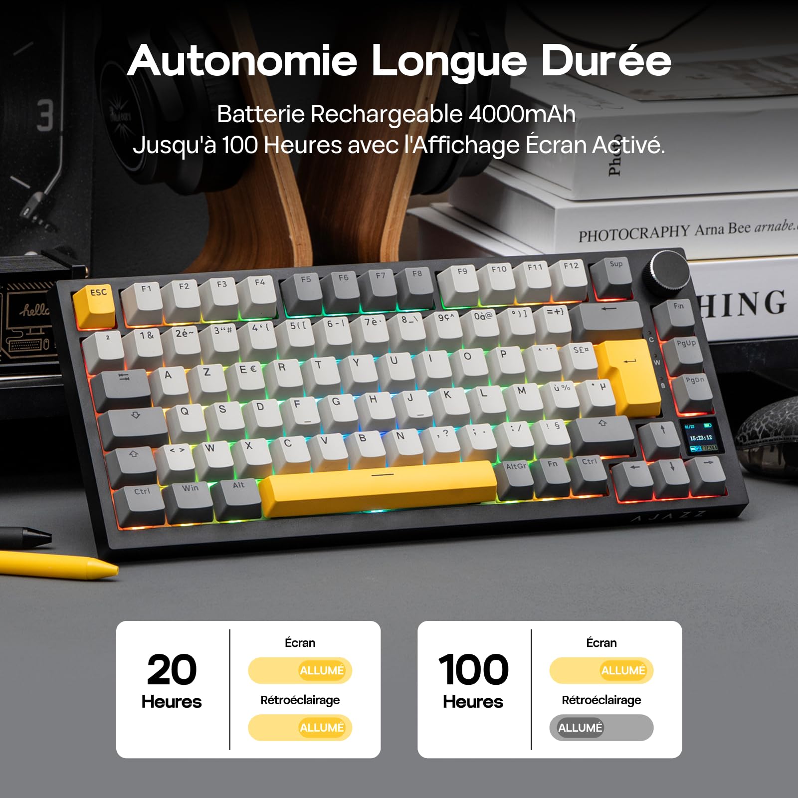 EPOMAKER Ajazz AK820 Pro ISO-FR Clavier Mécanique sans Fil AZERTY, Écran & Bouton Rotatif, 2.4G/BT/USB, Rétroéclairage RVB, Gasket Crémeux, Clavier Gaming 75% Disposition Française pour Win/Mac/PC
