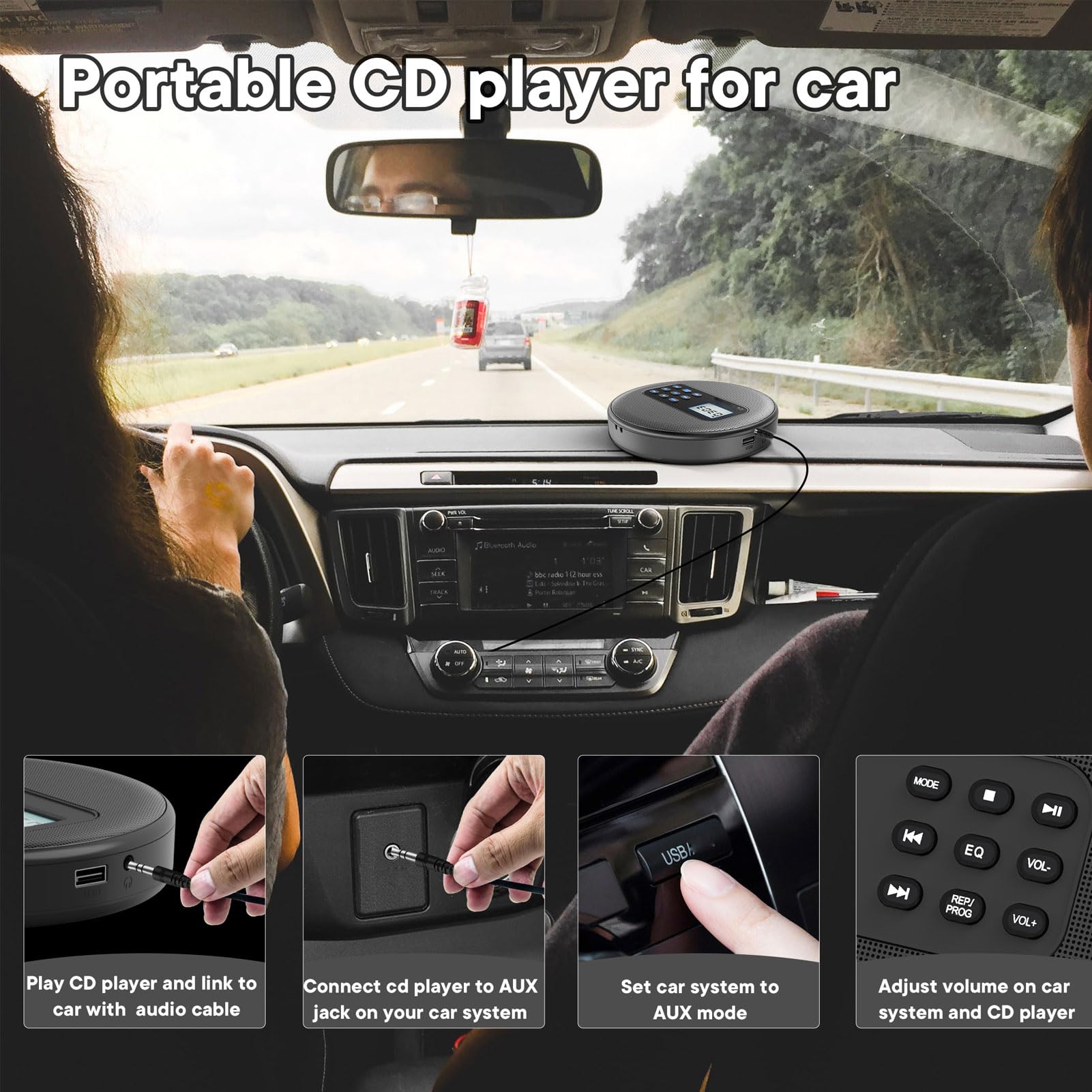Lettore CD Portatile, Lettore di Dischi Musicali Stereo Ricaricabile con Ampio Display LCD, Protezione Anti-salto, Doppi Altoparlanti, Cavo da 3,5 Mm, Bluetooth, per Auto, USB,