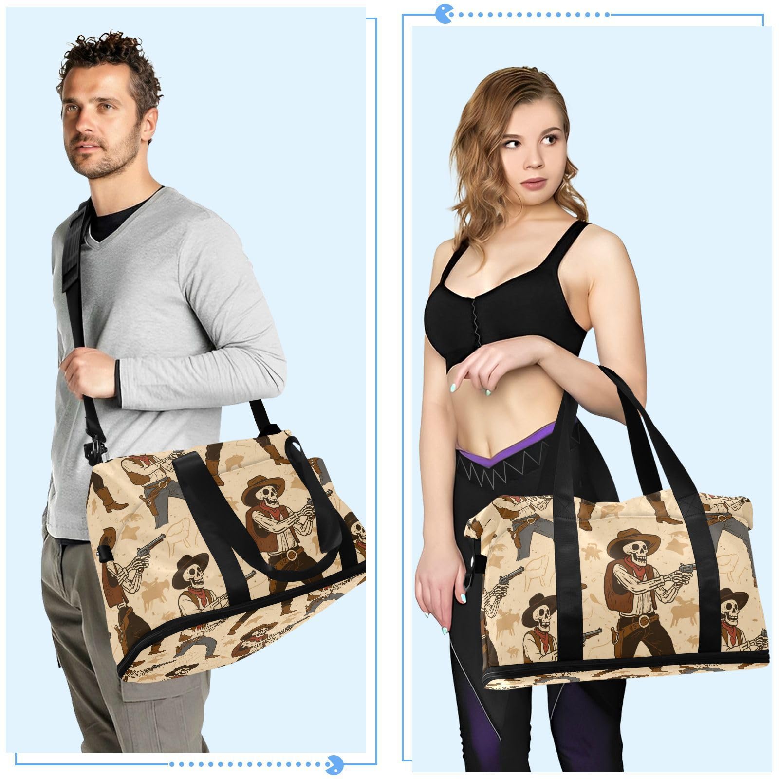 Borsa da viaggio beige retrò con teschio cowboy occidentale con tasca bagnata tracolla regolabile palestra sport borsone per yoga impermeabile per uomini donne