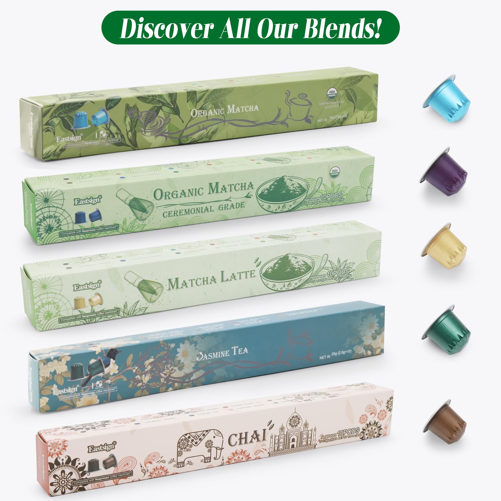 Eastsign Sweetened Matcha Latte Pods Compatible with Nespresso Creamy Convenient 10 Recyclable Capsules — view 8