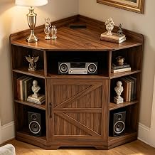 Walnut Corner Storage Cabinet with Charging Ports and Door
